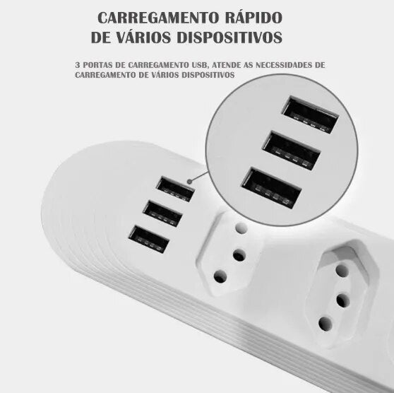 Extensão Elétrica 2m Com 3/4 Tomadas e 3 Entradas USB com Botão