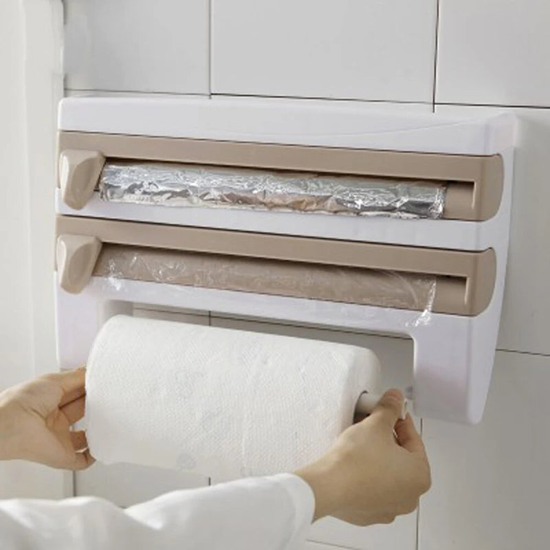 Suporte de Cozinha para parede com lugar para papel alumínio, papel filme e papel enxuga