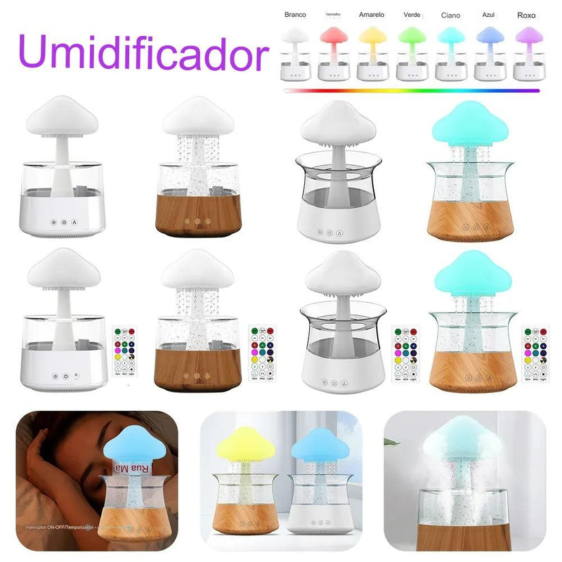 Umidificador de Ar Cogumelo Luz Noturna e Difusor de Essências com Gotas de Chuva