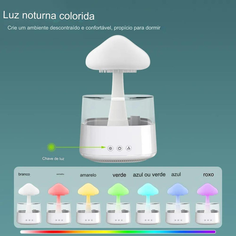 Umidificador de Ar Cogumelo Luz Noturna e Difusor de Essências com Gotas de Chuva