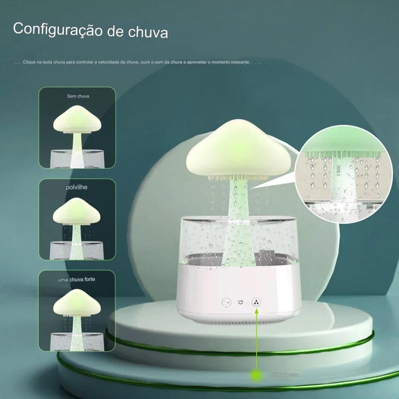 Umidificador de Ar Cogumelo Luz Noturna e Difusor de Essências com Gotas de Chuva