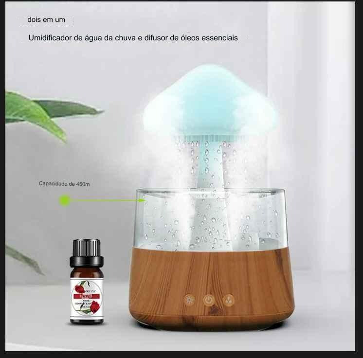 Umidificador de Ar Cogumelo Luz Noturna e Difusor de Essências com Gotas de Chuva